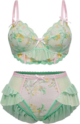 RoseSeek Women's Plus Size Cottagecore Lingerie Set 2 Piece Floral Embroidery Ruffle Lace Trim Patchwork Elegant Night Wear in Kuwait