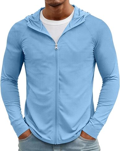 Men's UPF 50+ Sun Protection Outdoor Lightweight Full Zip Hoodie Jacket Long Sleeve Fishing Hiking Performance Shirt in Kuwait