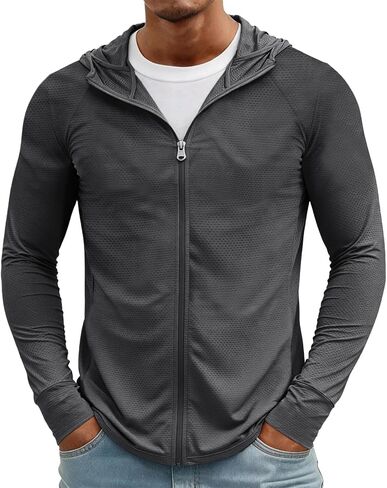 Men's UPF 50+ Sun Protection Outdoor Lightweight Full Zip Hoodie Jacket Long Sleeve Fishing Hiking Performance Shirt in Kuwait