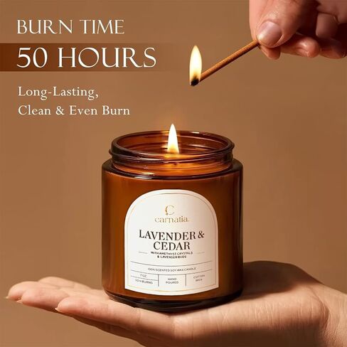 Carnatia Lavender & Cedar Scented Candle – 7 oz | 100% Soy Wax with Cotton Wick | 50 Hour Burn | Aromatherapy Candle for Home, Calm Focus & Relaxation | Gift for Women & Men in Kuwait