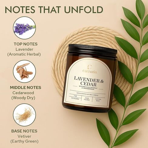 Carnatia Lavender & Cedar Scented Candle – 7 oz | 100% Soy Wax with Cotton Wick | 50 Hour Burn | Aromatherapy Candle for Home, Calm Focus & Relaxation | Gift for Women & Men in Kuwait
