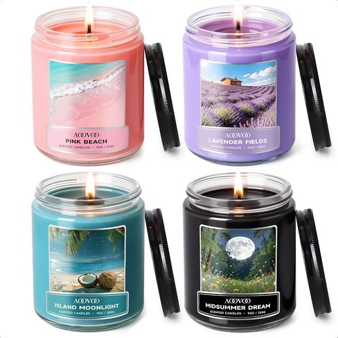 AOOVOO Scented Candles Set for Women - 4 Pc Soy Candles for Home Scented, 36 oz 200 Hour Burn, Aromatherapy Candle, Pink Beach/Island Moonlight/Midsummer Dream/Lavender Fields in Kuwait