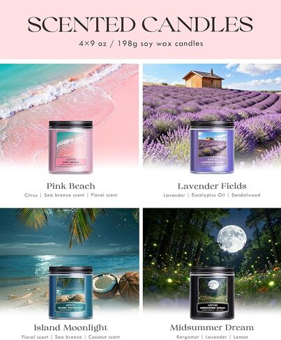 AOOVOO Scented Candles Set for Women - 4 Pc Soy Candles for Home Scented, 36 oz 200 Hour Burn, Aromatherapy Candle, Pink Beach/Island Moonlight/Midsummer Dream/Lavender Fields in Kuwait