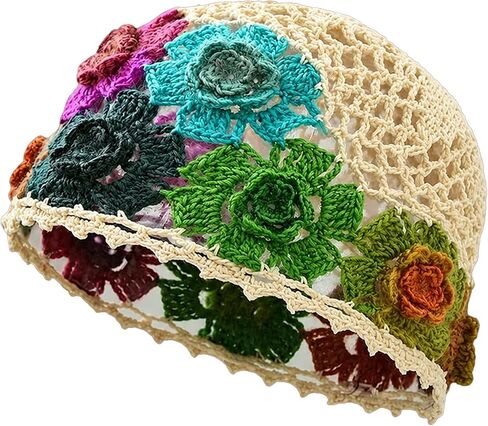 Women Crochet Beanie Cotton Crochet Flower Hat Handmade Boho Knit Summer Skull Cap (Flower Color Random) Multi in Kuwait