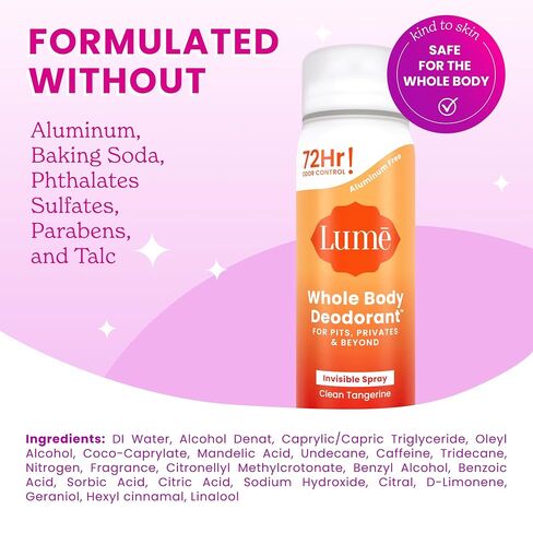 Lume Invisible Spray Deodorant For Women Two Pack - Full Size & Mini Whole Body Deodorant Spray - 72 Hr Odor Control - Aluminum & Baking Soda Free - 2 Piece Bundle - 3.6 oz & 1.0 oz (Clean Tangerine) in Saudi Arabia