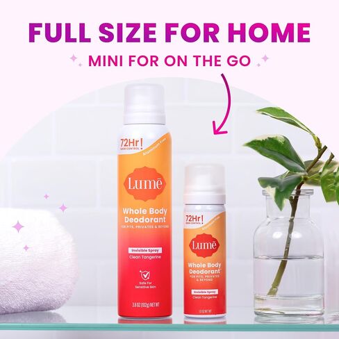 Lume Invisible Spray Deodorant For Women Two Pack - Full Size & Mini Whole Body Deodorant Spray - 72 Hr Odor Control - Aluminum & Baking Soda Free - 2 Piece Bundle - 3.6 oz & 1.0 oz (Clean Tangerine) in Saudi Arabia