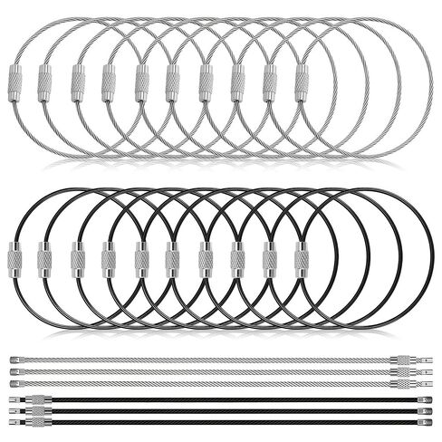 Wire Keychain Cable-20 Pcs Stainless Steel Cable Loops, 1.5mm 6 Inch Large Key Rings for Luggage Tags, Key Tags, Keyrings, ID Keepers,Kitchen Utensils（Black &Silver） in Saudi Arabia