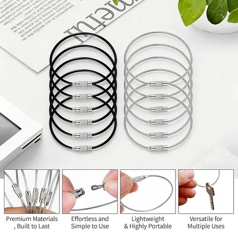 Wire Keychain Cable-20 Pcs Stainless Steel Cable Loops, 1.5mm 6 Inch Large Key Rings for Luggage Tags, Key Tags, Keyrings, ID Keepers,Kitchen Utensils（Black &Silver） in Saudi Arabia
