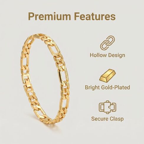 18K Gold 7.5 Inch Hollow Cuban Bracelet Snap Clasp Non-Tarnish Bright Gold Cutout Chain for Easy Wear No Fall Off in Kuwait