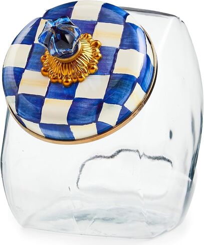 MACKENZIE-CHILDS Sweets Jar with Enamel Lid, Small Glass Cookie Jar or Kitchen Jar, 0.5-Gallon Capacity, Gray-and-White Sterling Check in Kuwait
