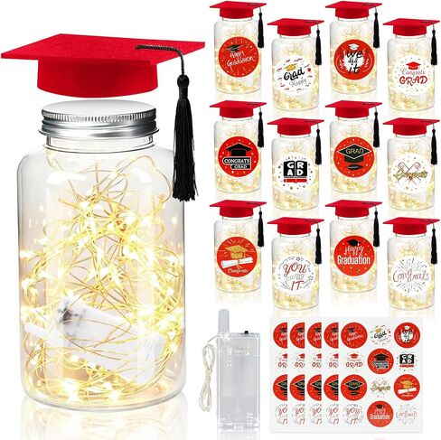 12 Sets 2026 Graduation Table Centerpieces with LED Lights, Red Felt Grad Hat and Stickers, Mason Jar Style Table Decor for Class of 2026 High School College Grad Party Supplies in Saudi Arabia