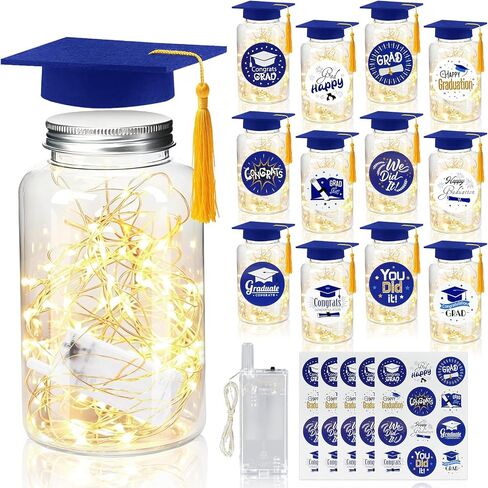 12 Sets 2026 Graduation Table Centerpieces with LED Lights, Red Felt Grad Hat and Stickers, Mason Jar Style Table Decor for Class of 2026 High School College Grad Party Supplies in Saudi Arabia