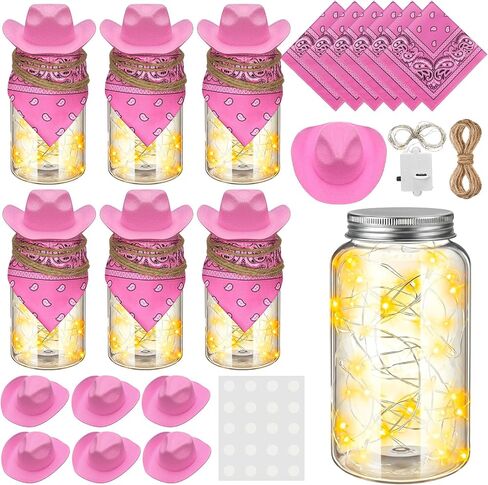 LemonRoad 6 Sets Western Cowboy Centerpieces for Table Western Party Decor with LED Lights Cowboy Cowgirl Felt Hat Bandannas Jar Rope for Birthday Wedding Party Table Decor(Red) in Kuwait