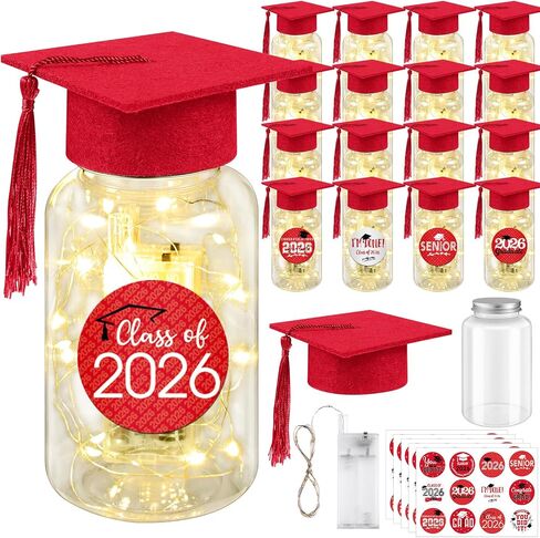 16 Sets 2026 Graduation Table Decorations,Mini Felt Grad Cap Centerpieces for Tables with LED Lights,PET Jars,Stickers,Class of 2026 High School College Party Supplies Decor Gifts (Red) in Saudi Arabia