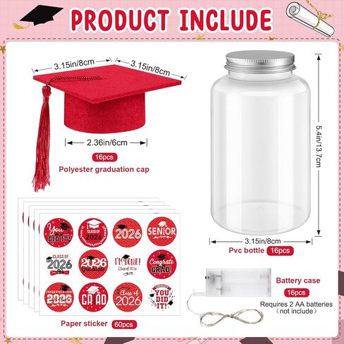 16 Sets 2026 Graduation Table Decorations,Mini Felt Grad Cap Centerpieces for Tables with LED Lights,PET Jars,Stickers,Class of 2026 High School College Party Supplies Decor Gifts (Red) in Saudi Arabia