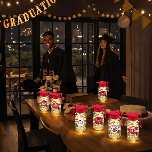 16 Sets 2026 Graduation Table Decorations,Mini Felt Grad Cap Centerpieces for Tables with LED Lights,PET Jars,Stickers,Class of 2026 High School College Party Supplies Decor Gifts (Red) in Saudi Arabia