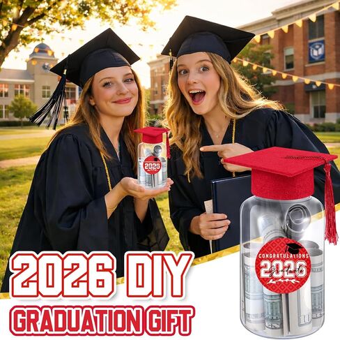 16 Sets 2026 Graduation Table Decorations,Mini Felt Grad Cap Centerpieces for Tables with LED Lights,PET Jars,Stickers,Class of 2026 High School College Party Supplies Decor Gifts (Red) in Saudi Arabia