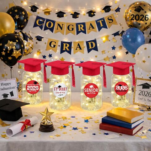 16 Sets 2026 Graduation Table Decorations,Mini Felt Grad Cap Centerpieces for Tables with LED Lights,PET Jars,Stickers,Class of 2026 High School College Party Supplies Decor Gifts (Red) in Saudi Arabia