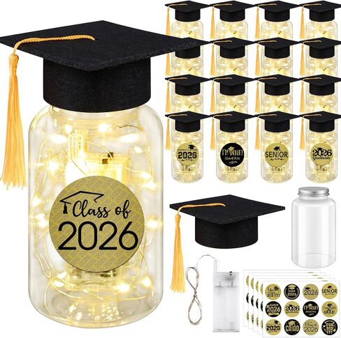16 Sets 2026 Graduation Table Decorations,Mini Felt Grad Cap Centerpieces for Tables with LED Lights,PET Jars,Stickers,Class of 2026 High School College Party Supplies Decor Gifts (Red) in Saudi Arabia