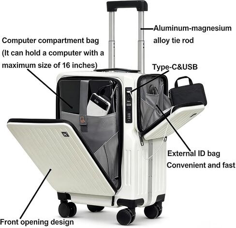 20-Inch Front-Access Carry-On Suitcase with Multi-Compartment, Lightweight Luggage, Foldable Cup Holder, Hidden Phone Bracket and TSA Lock for Air Travel（White） in Saudi Arabia