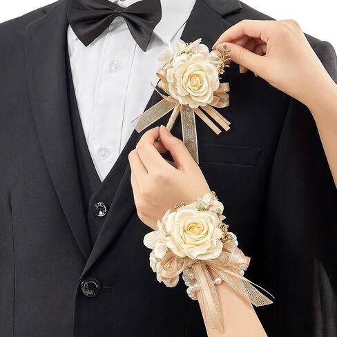 KatchOn, 2Pcs Corsage and Boutonniere Set Rose Wrist Corsage & Men’s Lapel Boutonniere Pin | Prom Corsage Set, Prom Flower Wrist Corsage Wristlet Band Bracelet for Graduation Prom Decorations 2026 in Kuwait