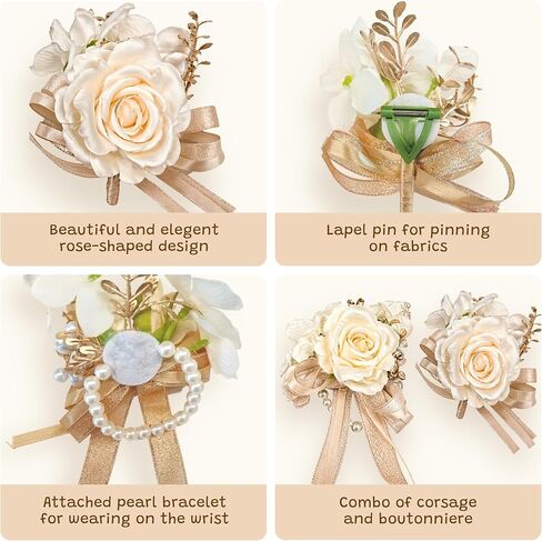 KatchOn, 2Pcs Corsage and Boutonniere Set Rose Wrist Corsage & Men’s Lapel Boutonniere Pin | Prom Corsage Set, Prom Flower Wrist Corsage Wristlet Band Bracelet for Graduation Prom Decorations 2026 in Kuwait
