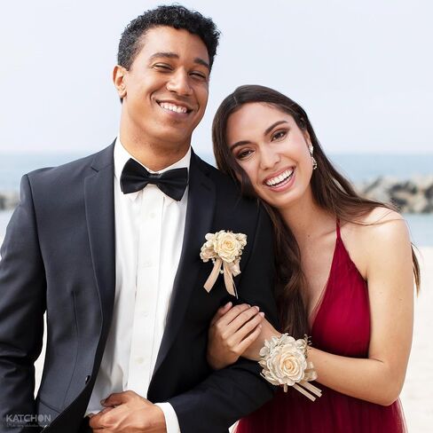 KatchOn, 2Pcs Corsage and Boutonniere Set Rose Wrist Corsage & Men’s Lapel Boutonniere Pin | Prom Corsage Set, Prom Flower Wrist Corsage Wristlet Band Bracelet for Graduation Prom Decorations 2026 in Kuwait