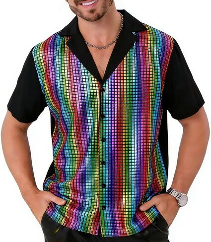 Men's 70s Disco Shirts, Sequins Short Sleeve Button Down Shirts Party Holiday Tops in Saudi Arabia