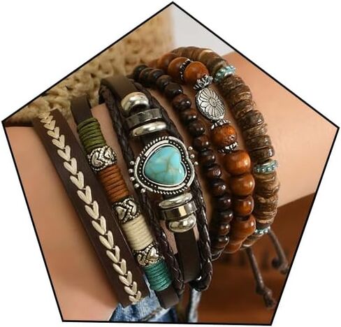 Boho Leather Beaded Bracelets for Men Women Multilayer Retro Cow Turquoise wooden Western beads Bracelet Stack Beach Country Festival Holiday Jewelry 1 in Kuwait