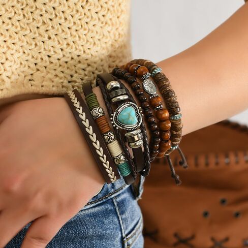 Boho Leather Beaded Bracelets for Men Women Multilayer Retro Cow Turquoise wooden Western beads Bracelet Stack Beach Country Festival Holiday Jewelry 1 in Kuwait