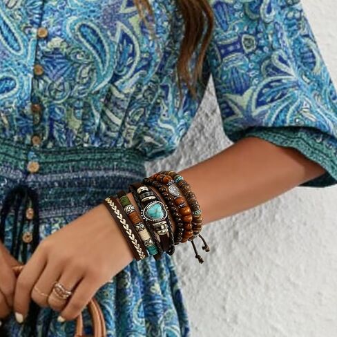 Boho Leather Beaded Bracelets for Men Women Multilayer Retro Cow Turquoise wooden Western beads Bracelet Stack Beach Country Festival Holiday Jewelry 1 in Kuwait