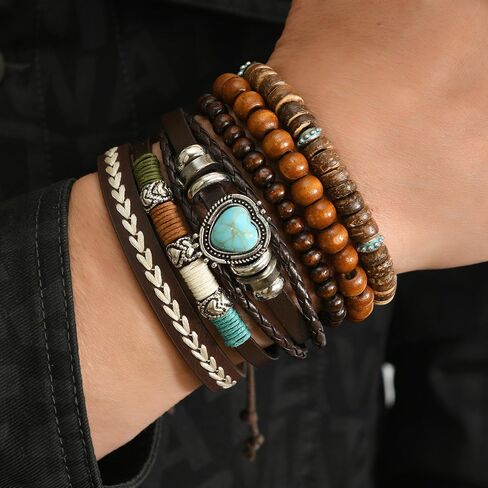 Boho Leather Beaded Bracelets for Men Women Multilayer Retro Cow Turquoise wooden Western beads Bracelet Stack Beach Country Festival Holiday Jewelry 1 in Kuwait