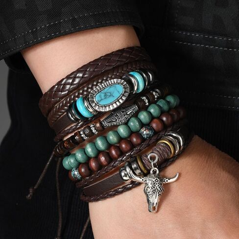 Boho Leather Beaded Bracelets for Men Women Multilayer Retro Cow Turquoise wooden Western beads Bracelet Stack Beach Country Festival Holiday Jewelry 1 in Kuwait