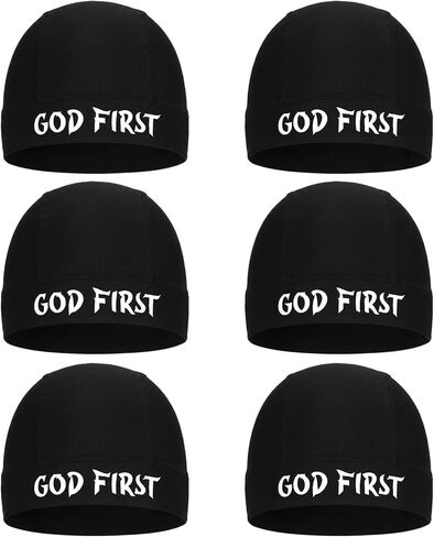 6 Pcs Fathers Day Church Gift for Men Christian Skull Cap for Football God First Breathable Brimless Thin Running Hat Sweat Wicking Cap for Baseball Sport Sleep Cycling Cap Athletic Beanie(Black,God) in Saudi Arabia