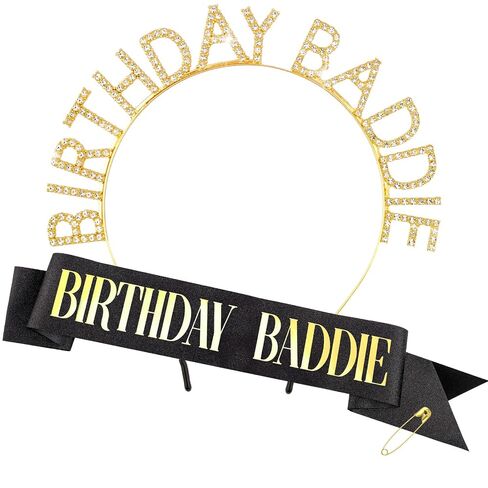 Birthday Baddie Sash and Crown Tiara for Women Girls - Black Glitter with Gold Foil Birthday Girl Sash and Rhinestone Headband Funny Party Favor Decorations in Kuwait