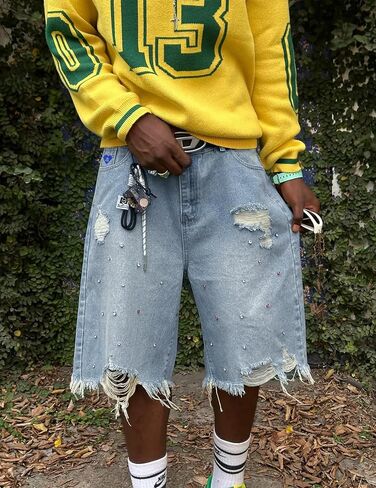 Aelfric Eden Bermuda Jorts Rhinestone Application Jort with Vintage Belt Chain Summer Baggy Denim Shorts in Kuwait