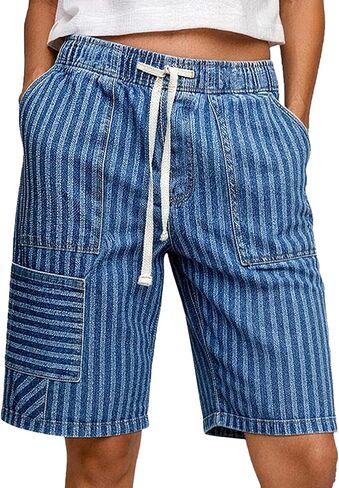 Flamingals High Rise Denim Bermuda Shorts for Women Striped Drawstring Summer Casual Jean Shorts with Pockets in Kuwait