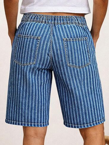 Flamingals High Rise Denim Bermuda Shorts for Women Striped Drawstring Summer Casual Jean Shorts with Pockets in Kuwait