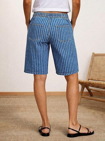 Flamingals High Rise Denim Bermuda Shorts for Women Striped Drawstring Summer Casual Jean Shorts with Pockets in Kuwait