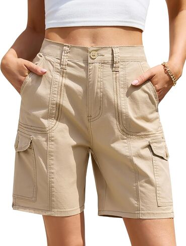 Eddoyee Bermuda Shorts for Women Knee Length Cargo High Waisted Shorts with 6 Pockets Summer Elastic Waist Denim Jorts（S-XXL in Kuwait
