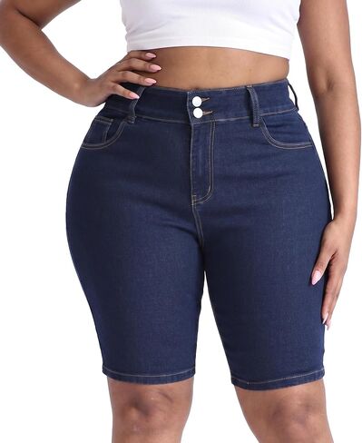 Gocolloa Women Plus Size Jean Shorts Stretchy High Waisted 10" Inseam Knee Length Denim Bermuda Shorts in Saudi Arabia