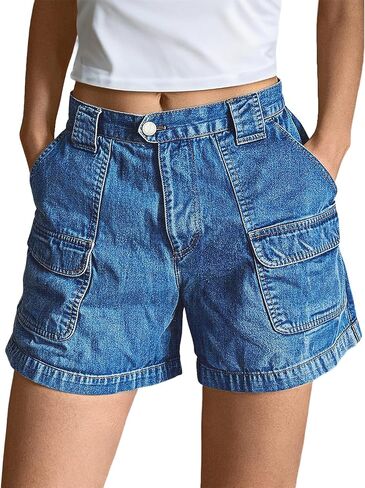 Flamingals Straight Leg Shorts for Women High Rise Washed Flap Pocket High Stretch Casual Jean Shorts in Kuwait