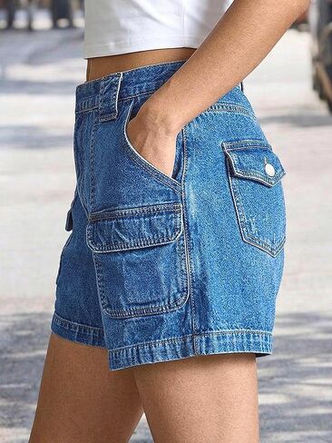 Flamingals Straight Leg Shorts for Women High Rise Washed Flap Pocket High Stretch Casual Jean Shorts in Kuwait