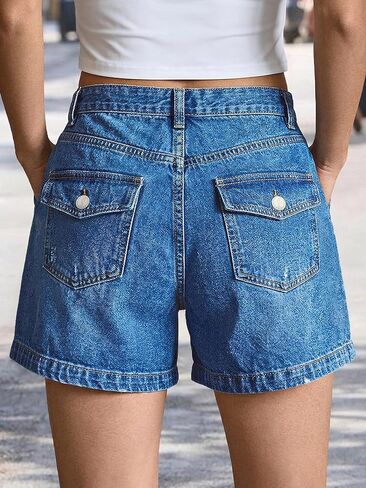 Flamingals Straight Leg Shorts for Women High Rise Washed Flap Pocket High Stretch Casual Jean Shorts in Kuwait