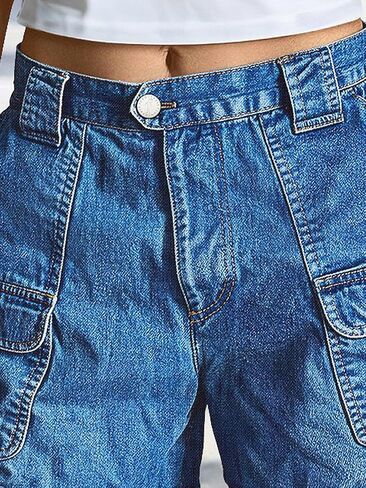 Flamingals Straight Leg Shorts for Women High Rise Washed Flap Pocket High Stretch Casual Jean Shorts in Kuwait