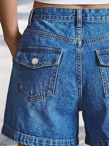 Flamingals Straight Leg Shorts for Women High Rise Washed Flap Pocket High Stretch Casual Jean Shorts in Kuwait