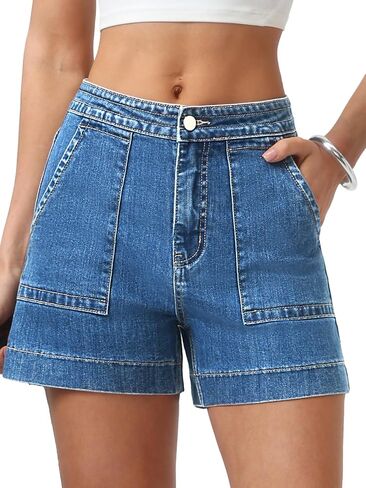 ELLEVEN Womens A Line Stretchy Denim Baggy Shorts High Waisted Wide Leg Casual Jean Shorts with Pockets in Kuwait