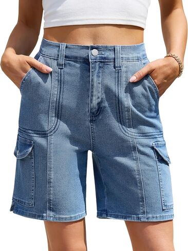 Eddoyee Bermuda Shorts for Women Knee Length Cargo High Waisted Shorts with 6 Pockets Summer Elastic Waist Denim Jorts（S-XXL in Saudi Arabia