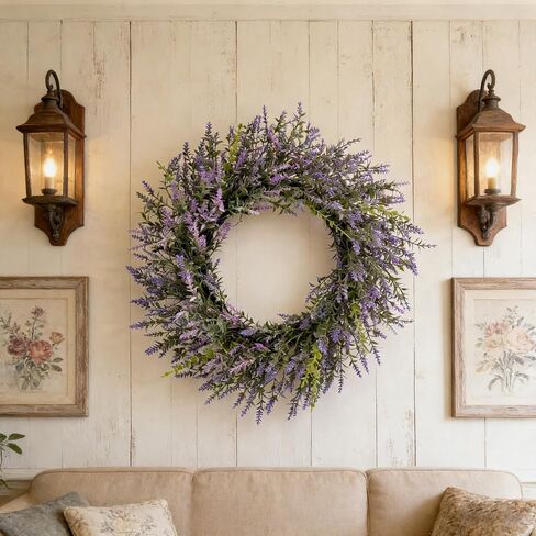 FJAKA 22'' Summer Wreaths for Front Door, Artificial Eucalyptus Leaves with Lavender Wreath for Home, Farmhouse Wall Decor, Indoor & Outdoor, Spring, Fall, All Seasons in Saudi Arabia