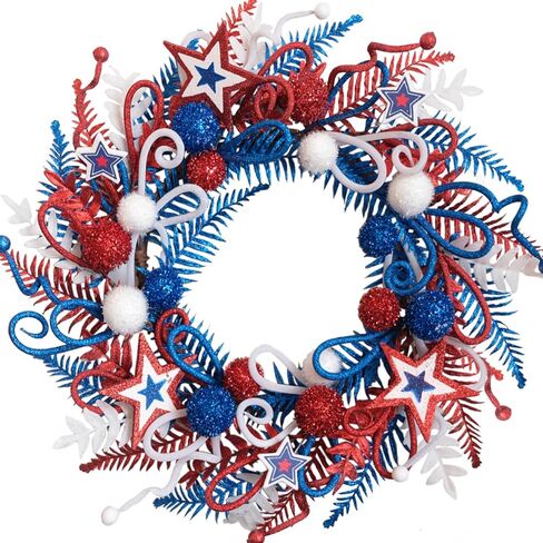 24 Inch Patriotic Glitter Stars Wreath for Front Door, Red White Blue Forth of July Door Wreath for Indoor Outdoor, Glitter Floral Patriotic Wreaths for Home Decor in Kuwait